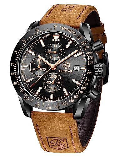 BY BENYAR Mens Watches Analog Quartz Chronograph Waterproof Luminous Watch for Men Business Work Sport Casual Fashion Brown Leather Band Dress Men's Wrist Watches Elegant Gifts for Men Father's Day