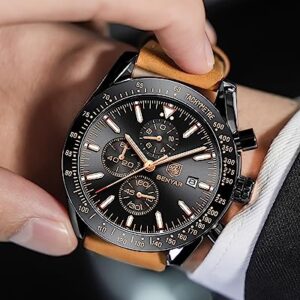 BY BENYAR Mens Watches Analog Quartz Chronograph Waterproof Luminous Watch for Men Business Work Sport Casual Fashion Brown Leather Band Dress Men's Wrist Watches Elegant Gifts for Men Father's Day