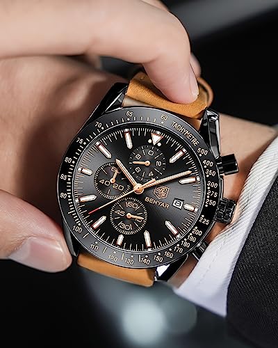 BY BENYAR Mens Watches Analog Quartz Chronograph Waterproof Luminous Watch for Men Business Work Sport Casual Fashion Brown Leather Band Dress Men's Wrist Watches Elegant Gifts for Men Father's Day