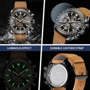 BY BENYAR Mens Watches Analog Quartz Chronograph Waterproof Luminous Watch for Men Business Work Sport Casual Fashion Brown Leather Band Dress Men's Wrist Watches Elegant Gifts for Men Father's Day