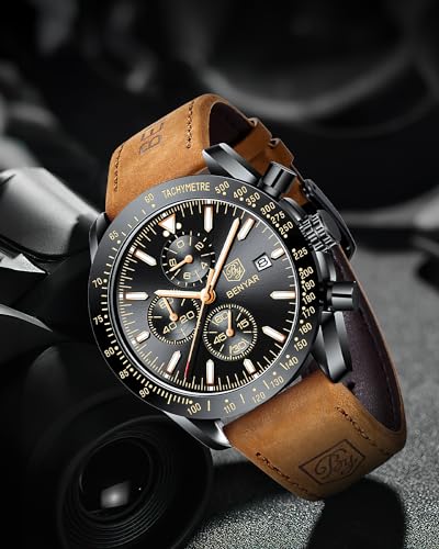 BY BENYAR Mens Watches Analog Quartz Chronograph Waterproof Luminous Watch for Men Business Work Sport Casual Fashion Brown Leather Band Dress Men's Wrist Watches Elegant Gifts for Men Father's Day