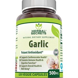 Herbal Secrets Garlic 500 mg 120 Veggie Capsules Supplement | Non-GMO | Gluten Free | Made in USA | Ideal for Vegetarians