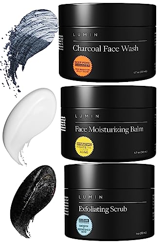 Lumin - Smooth Operator Detox Trio - Men's skincare kit, Includes: Charcoal Face Wash Daily Detox, Charcoal Scrub Deep Detox & Daily Face Moisturizer, Suitable for all skin types, Two Month Supply