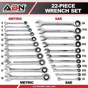 ABN Combo Ratchet Wrench Set SAE and Metric Sizes - 22 Pc Ratcheting Wrench Set with Travel Pouch