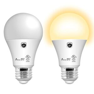 ameritop dusk to dawn light bulb- 2 pack, a19 led sensor light bulbs; ul listed, automatic on/off, 800 lumen, 10w(60 watt equivalent), e26 base, indoor/outdoor lighting bulb (3000k warm white)
