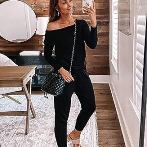 PRETTYGARDEN Women's Casual Long Sleeve Jumpsuit Crewneck One Off Shoulder Elastic Waist Stretchy Romper with Pockets