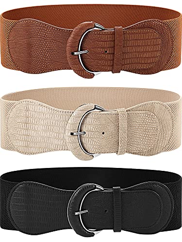 SATINIOR 3 Pieces Wide Women Waist Belt Stretchy Cinch Belt Leather Elastic Belt for Ladies Dress Decoration, Black, Khaki, Beige, One Size