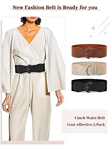 SATINIOR 3 Pieces Wide Women Waist Belt Stretchy Cinch Belt Leather Elastic Belt for Ladies Dress Decoration, Black, Khaki, Beige, One Size