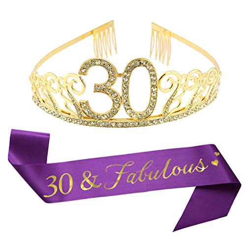 30th Brithday Gold Tiara and Sash, 30 & Fabulous Glitter Satin Sash and Crystal Rhinestone Birthday Crown for Happy 30th Birthday Party Supplies Favors Decorations 30th Birthday Cake Topper