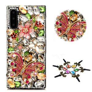 stenes sparkle case compatible with samsung galaxy note 10 plus - stylish - 3d handmade bling flowers butterfly rhinestone crystal diamond design cover case - green