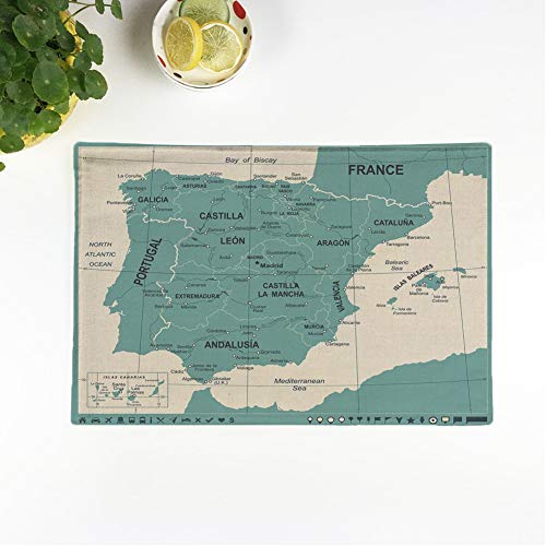 rouihot Set of 4 Placemats Blue Aragon Spain Map Vintage Detailed Green Barcelona Capital Non-Slip Doily Place Mat for Dining Kitchen Table