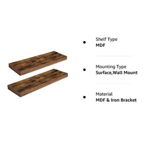 HOOBRO Floating Shelves, Wall Shelf Set of 2, 23.6 Inch Hanging Shelf with Invisible Brackets, for Bathroom, Bedroom, Toilet, Kitchen, Office, Living Room Decor, Rustic Brown BF60BJ01