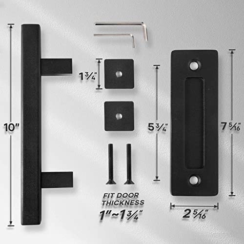 EaseLife 10" Sliding Barn Door Pull Handle with Flush Hardware Set,Double Sided,Heavy Duty,Square,Matte Black Powder Coated Finish,Easy Install