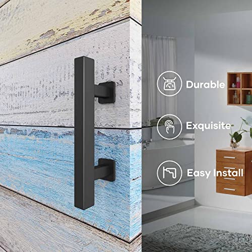 EaseLife 10" Sliding Barn Door Pull Handle with Flush Hardware Set,Double Sided,Heavy Duty,Square,Matte Black Powder Coated Finish,Easy Install