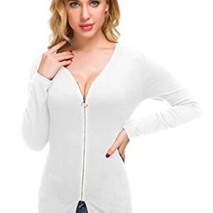 Afibi Women V Neck Zip Front Long Sleeve Casual Top Blouse Shirt/Cardigan (Large, White)