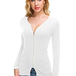 Afibi Women V Neck Zip Front Long Sleeve Casual Top Blouse Shirt/Cardigan (Large, White)