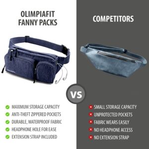 OlimpiaFit Fanny Pack for Women and Men - Waist Bag w/ 6 Anti-Theft Pockets & Plus Size Belt Extension - Water Resistant Travel Accessories - Black