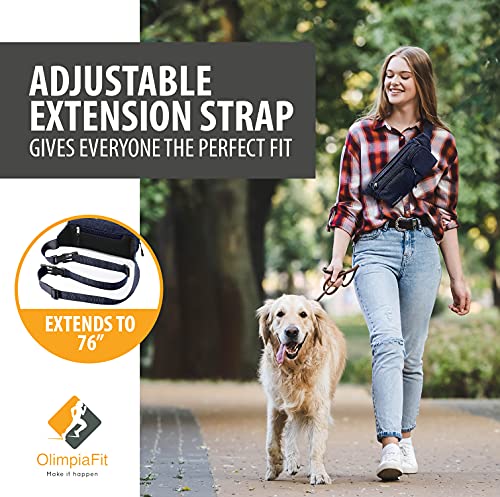 OlimpiaFit Fanny Pack for Women and Men - Waist Bag w/ 6 Anti-Theft Pockets & Plus Size Belt Extension - Water Resistant Travel Accessories - Black