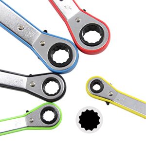MacWork 5-Piece Offset Ratcheting Wrench Set ，Five Colors Reversible Universal Ratchet Double Ring Spanners,Professional Heat Treated Alloy Steel SAE Combination