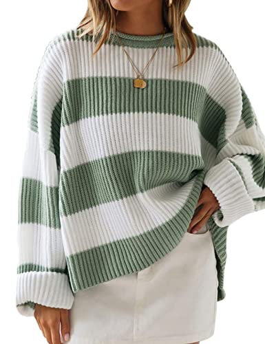 ZESICA Women's 2023 Fall Long Sleeve Crew Neck Striped Color Block Comfy Loose Oversized Knitted Pullover Sweater,Green,Small