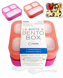 kinsho bento box for kids, toddler lunch-box snack container for small boys girls in school pre-school daycare, leakproof 3 compartment containers for snacks, bpa free. medium orange pink 2 pack