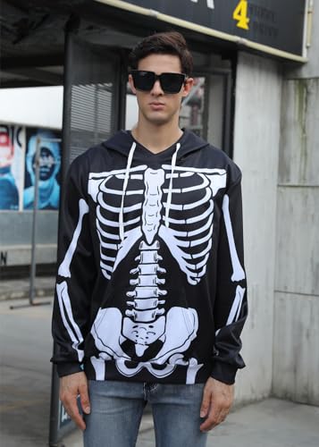 uideazone Halloween Hoodies for Men Women 3D Skeleton Bone Printed Hooded Sweatshirt with Pockets