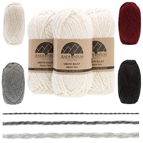 (3 Small Gorgeous Skeins) Alpaca Yarn Blend Umayo [165 Yards Total] Ivory, 5 Bulky