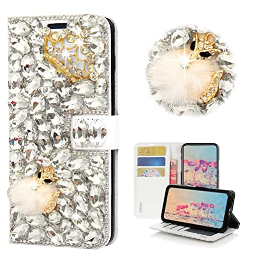 STENES Bling Wallet Phone Case Compatible with Samsung Galaxy Note 10 - Stylish - 3D Handmade Crystal Crown Fox Magnetic Wallet Leather Cover Case - White