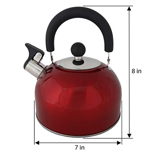 Lily's Home 2 Quart Stainless Steel Whistling Tea Kettle, the Perfect Stovetop Tea and Water Boilers for Your Home, Dorm, Condo or Apartment. Red