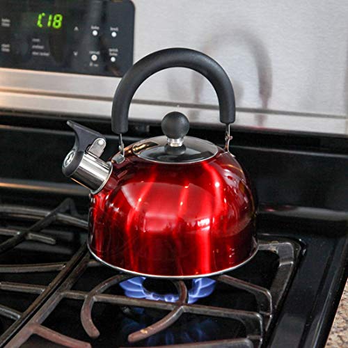 Lily's Home 2 Quart Stainless Steel Whistling Tea Kettle, the Perfect Stovetop Tea and Water Boilers for Your Home, Dorm, Condo or Apartment. Red
