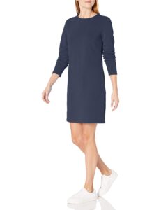 amazon essentials women's crewneck long-sleeve french terry fleece above-the-knee dress, navy, x-small