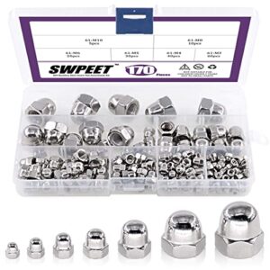 170pcs 304 stainless steel serrated metric acorn cap nuts hex dome cap assortment kit, 7 sizes - m3 m4 m5 m6 m8 m10 m12