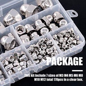 170Pcs 304 Stainless Steel Serrated Metric Acorn Cap Nuts Hex Dome Cap Assortment Kit, 7 Sizes - M3 M4 M5 M6 M8 M10 M12