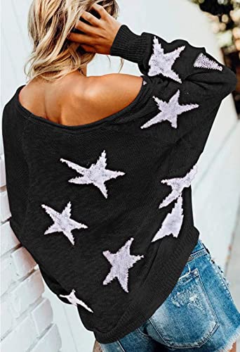 COCOLEGGINGS Women's V Neck Long Sleeve Star Sweater Jumper Pullover Black M