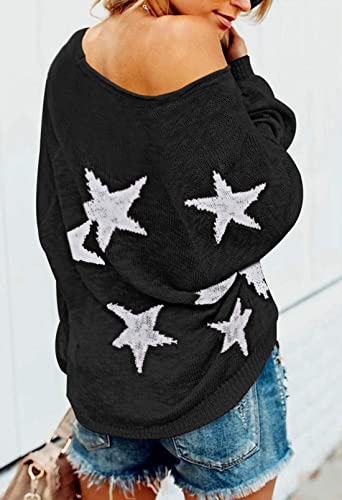 COCOLEGGINGS Women's V Neck Long Sleeve Star Sweater Jumper Pullover Black M