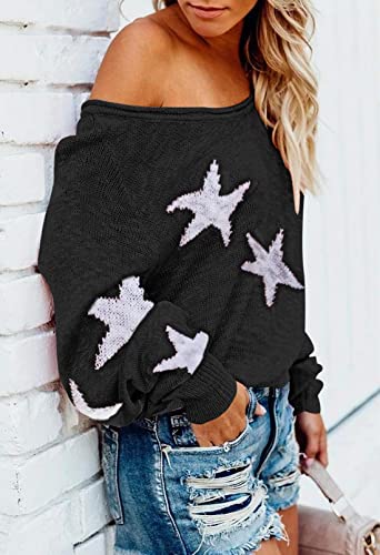 COCOLEGGINGS Women's V Neck Long Sleeve Star Sweater Jumper Pullover Black M