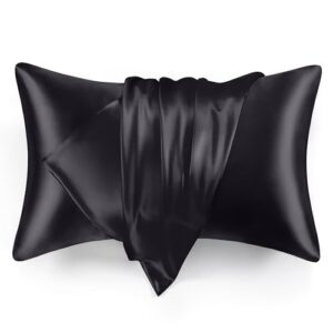 love's cabin silk satin pillowcase for hair and skin (black, 20x26 inches) slip pillow cases standard size set of 2 - satin cooling pillow covers with envelope closure