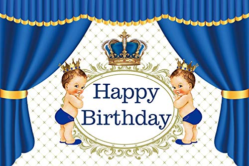 Baocicco 5x3ft Polyester Backdrop Happy Birthday Backdrop Royal Blue Crown Blue Curtains Retro Royal Floral Texture Photography Background Birthday Party Decorations for Little Prince Portrait