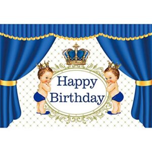 Baocicco 5x3ft Polyester Backdrop Happy Birthday Backdrop Royal Blue Crown Blue Curtains Retro Royal Floral Texture Photography Background Birthday Party Decorations for Little Prince Portrait