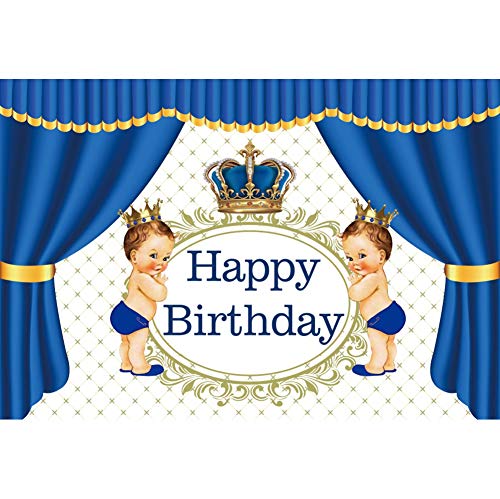 Baocicco 5x3ft Polyester Backdrop Happy Birthday Backdrop Royal Blue Crown Blue Curtains Retro Royal Floral Texture Photography Background Birthday Party Decorations for Little Prince Portrait