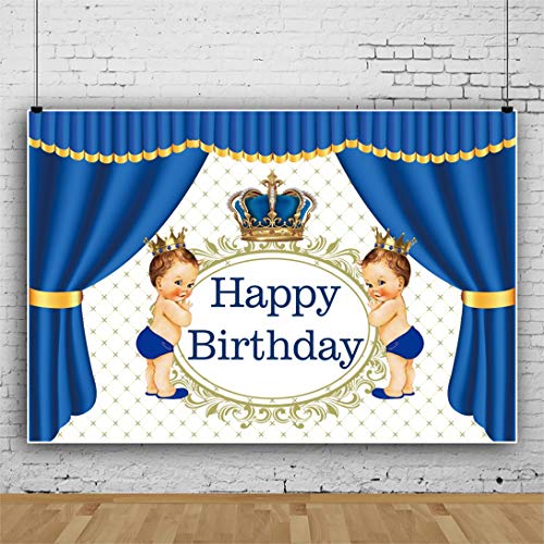 Baocicco 5x3ft Polyester Backdrop Happy Birthday Backdrop Royal Blue Crown Blue Curtains Retro Royal Floral Texture Photography Background Birthday Party Decorations for Little Prince Portrait