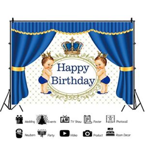 Baocicco 5x3ft Polyester Backdrop Happy Birthday Backdrop Royal Blue Crown Blue Curtains Retro Royal Floral Texture Photography Background Birthday Party Decorations for Little Prince Portrait