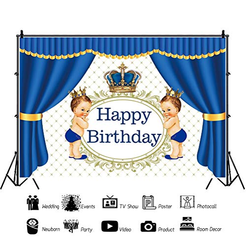 Baocicco 5x3ft Polyester Backdrop Happy Birthday Backdrop Royal Blue Crown Blue Curtains Retro Royal Floral Texture Photography Background Birthday Party Decorations for Little Prince Portrait