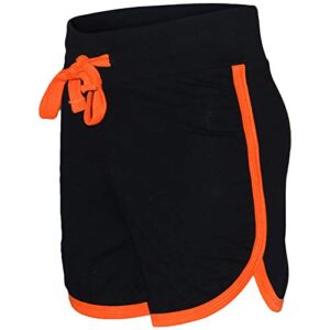 Kids Girls Short 100% Cotton Gym Sport Black & Neon Orange Summer Hot Pant Short