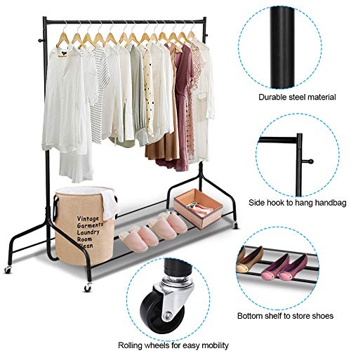 Ejoyous Rolling Garment Rack, Heavy Duty Movable Clothing Hanging Rack Commercial Grade Clothes Rail Display Stand Storage Organizer on Wheel with Bottom Shelf