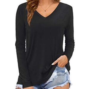 Amoretu Womens Long Sleeve Tops Casual Plain V Neck Tshirts Loose Fit Black L