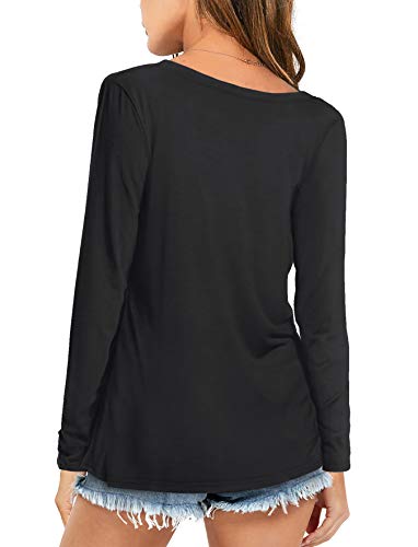 Amoretu Womens Long Sleeve Tops Casual Plain V Neck Tshirts Loose Fit Black L