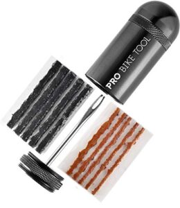 pro bike tool tubeless bike tire repair kit – for mtb and road bicycle tires – fix a puncture or flat, fast – tackle set includes storage canister, plugger tool and plugs - 5 bacon and 5 black strips