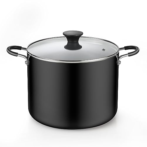 Cook N Home Nonstick Stockpot with Lid 10.5-Qt, Deep Cooking Pot Cookware Canning Stock Pot with Glass Lid, Black