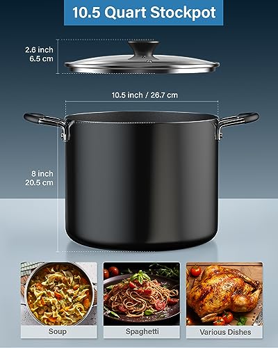 Cook N Home Nonstick Stockpot with Lid 10.5-Qt, Deep Cooking Pot Cookware Canning Stock Pot with Glass Lid, Black